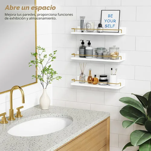 Miniatura 5 de Forbena Juego de 3 estantes flotantes dorados para decoración de pared, estantes de baño sobre el inodoro, estante de pared moderno con riel Blanco
