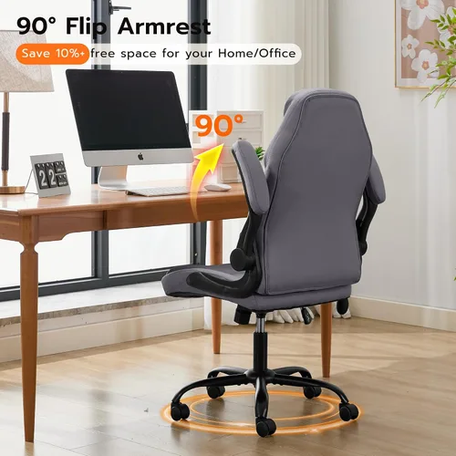 Miniatura 6 de Silla de escritorio de oficina, silla ergonómica para computadora con brazos abatibles acolchados y soporte lumbar ajustable, silla ejecutiva de Gris