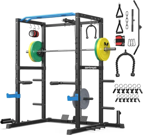 Miniatura 21 de Sportsroyals Jaula de Potencia, Rack de Potencia Multifuncional de 1600 libras con Sistema de Cruce de Cable Ajustable y Más Accesorios de Azul