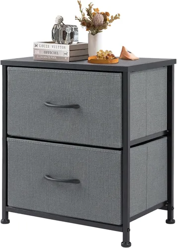 DUMOS Mesita de noche pequeña con 2 cajones de tela, mesa auxiliar para dormitorio, muebles de almacenamiento para mesita de noche de 20 pulgadas de