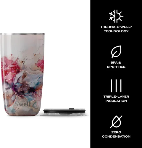 Miniatura 3 de S'well Taza de acero inoxidable con tapa deslizante, 18 onzas, Mármol Rosa, contenedores aislados al vacío de triple capa, mantiene las bebidas