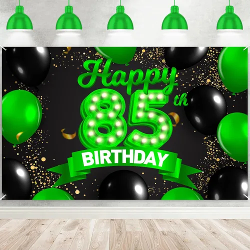 Miniatura 91 de Cartel de feliz cumpleaños 26 verde y negro, telón de fondo con texto en inglés "Cheers to 26 years old confeti", globos de confeti, decoración