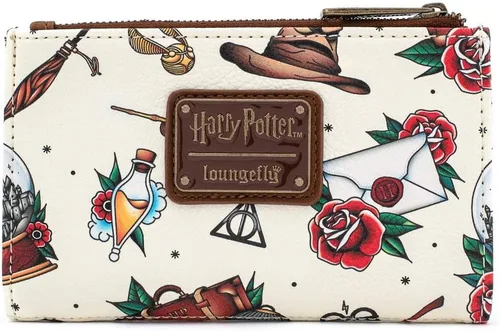 Loungefly Cartera plegable de piel sintética con estampado de tatuajes de Harry Potter | Tattoo Print, Bi-fold Multi