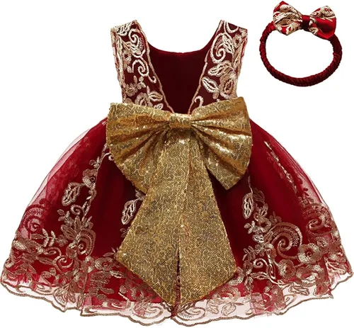 0-6T - Vestido de tutú de encaje bordado con lentejuelas y lazo grande para fiestas de bebé y niñas pequeñas con tocado