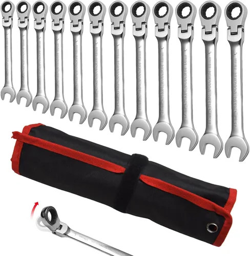 Miniatura 9 de WISEUP - Llave de trinquete CR-V forjada, llave de trinquete de cabeza flexible de 10 mm, llave de diseño industrial de doble uso, herramientas