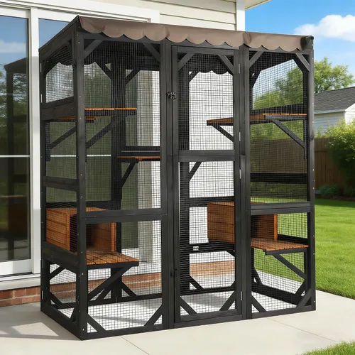 Catio grande de madera para gatos de 70.1 pulgadas, casa para gatos de varios niveles con plataformas, hamaca y poste rascador, panel trasero