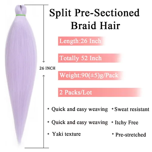 Miniatura 2 de Leeven 26 pulgadas, 2 paquetes de cabello trenzado color lila claro preestirado, cabello trenzado lavanda, extensiones de trenzas preestiradas