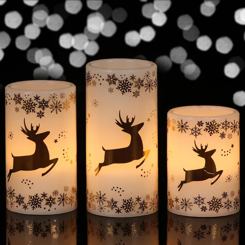 Miniatura 15 de Velas de Navidad sin llama con calcomanías de reno plateado, paquete de 3 velas LED de vidrio a pilas con temporizador remoto, velas de pilar