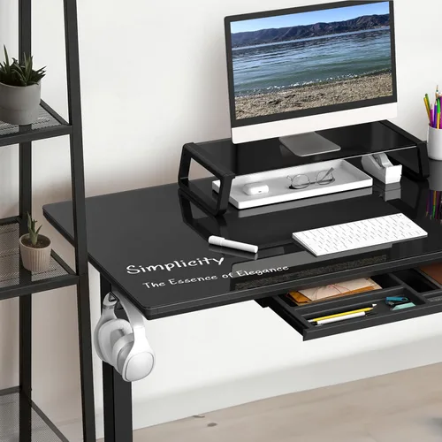 Miniatura 6 de SHW Escritorio eléctrico de cristal de pie ajustable de 48 x 24 pulgadas, escritorio motorizado con elevador de monitor, cajón extraíble, ajustes