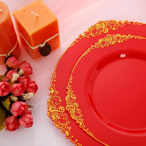 Miniatura 9 de Morejoy 175 platos de plástico rojo, platos desechables rojos con borde dorado, juego de vajilla de plástico rojo y dorado incluye: 50 platos, 25