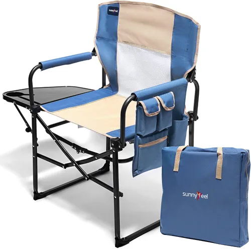 Miniatura 20 de SUNNYFEEL Silla de Director de Camping Extragrande, Sillas de Jardín Plegables Portátiles para Adultos de Servicio Pesado con Mesa Lateral, Bolsillo