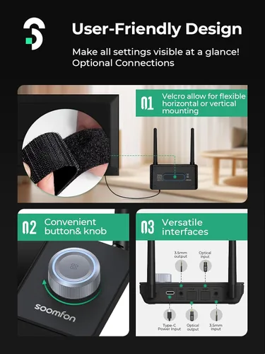 Miniatura 7 de SOOMFON Transmisor Bluetooth de antena dual para TV Bluetooth 5.3 receptor 3 en 1 a 2 auriculares con pantalla LCD Control de volumen óptico AUX RCA