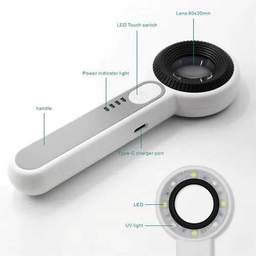 Miniatura 7 de Lupa de mano 60X con luces UV y LED, lupa con lente óptica de 1.181 in, control de luz táctil, indicador LED de batería, lupa recargable