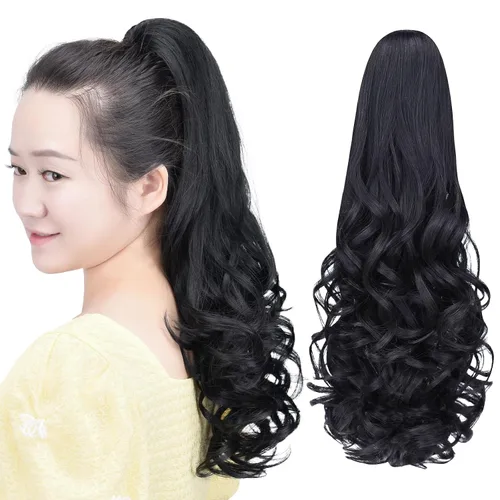 Miniatura 48 de Extensión de cola de caballo negra con clip de garra, ondulada, 10 pulgadas, 3.5 onzas, sintético, como verdaderos, postizos, para mujer, Yaki