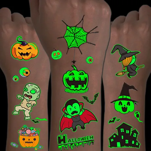 CHARLENT Tatuajes temporales luminosos de Halloween para suministros de fiesta de niños, 120 estilos que brillan en la oscuridad de Halloween,