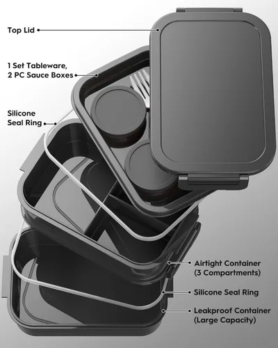 Miniatura 2 de Caja Bento para Adultos con Bolsa de Almuerzo Aislada, Capacidad de 74 oz, 3 Cajas Bento Apilables a Prueba de Fugas con Utensilio y Salsa
