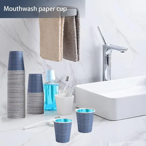 Miniatura 6 de Clawsoff Paquete de 300 tazas de papel de 5 onzas, tazas desechables para baño con diseño floral azul marino pequeño, tazas de enjuague bucal de 5
