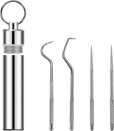Miniatura 10 de Juego de 12 palillos de dientes de metal reutilizables de acero inoxidable con soporte para picnic al aire libre, camping, viajes, suministros