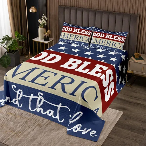 jejeloiu Juego de colcha para el Día de la Independencia, tamaño individual, ropa de cama del 4 de julio, con bandera estadounidense, colcha