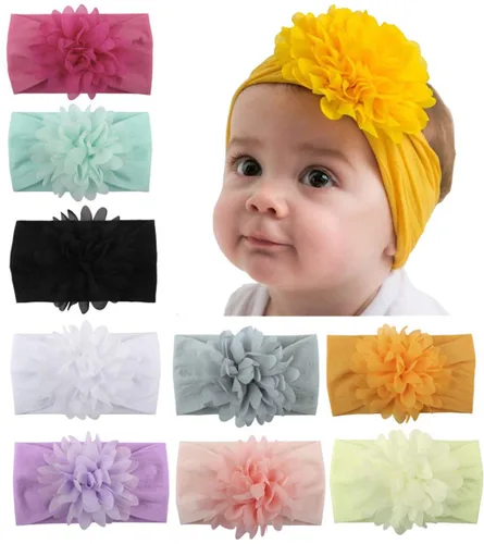 Miniatura 9 de Diademas de nailon suave para recién nacido, diseño de flores de gasa