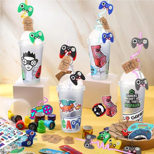 Miniatura 4 de Lenwen Juego de 128 piezas de recuerdos de fiesta de videojuegos, incluye popotes reutilizables para jugadores, tazas 3D, calcomanías hinchadas