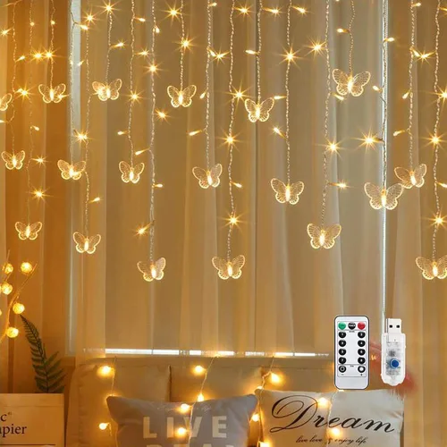 Miniatura 11 de Guirnalda de luces de cadena de hadas con cortina de mariposa, 120 LED, 8 modos, temporizador alimentado por USB, luz parpadeante de luciérnaga