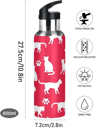 Miniatura 9 de White Cat Paw Prints Red Insulated Stainless Steel Water Bottle with Straw 20 Oz Leakproof Water Bottles, BPA-Free Sport Water Bottle Insulated
