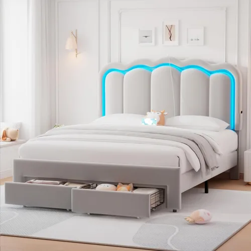 Base de cama LED tapizada tamaño matrimonial con 2 cajones de almacenamiento y cabecera doble ondulada ajustable, cama de plataforma de terciopelo