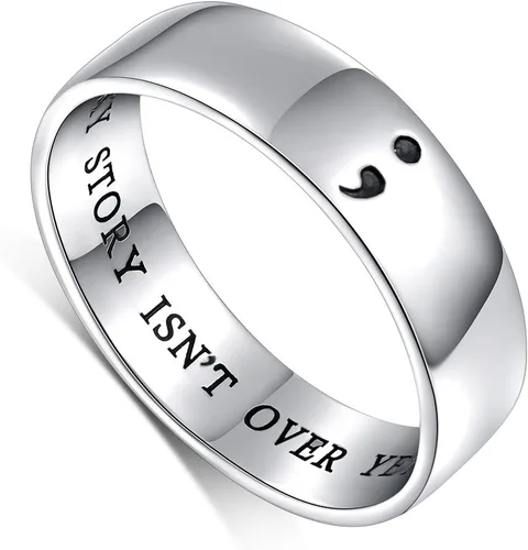 Joyería inspiradora de plata de ley S925 MY STORY ISN'T OVER YET anillo de punto y coma para hombres y mujeres o unisex, ancho de 0.236 in