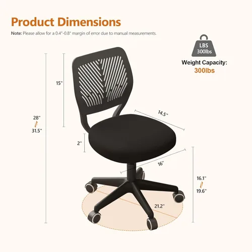 Miniatura 2 de JPBSTO Silla de escritorio sin brazos, silla giratoria de oficina ajustable con cojín acolchado de malla suave, silla ergonómica pequeña