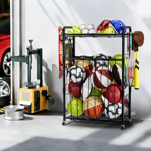 Miniatura 6 de Estante de almacenamiento para pelotas de garaje, organizador de equipo deportivo con ruedas, carrito de pelota deportiva con cuerda elástica