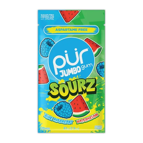 Miniatura 17 de PUR Goma Jumbo Chicle sin Aspartame 100% Xilitol Sabor Natural de Chicle de Masticar, Uva, Sandía, 20 Piezas (Paquete de 10)