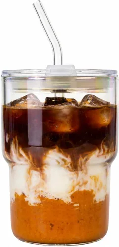 Luxfuel Vaso de vidrio de 16 onzas con tapa y popote, taza de café helado reutilizable y vaso para batidos, vidrio de borosilicato a prueba de fugas