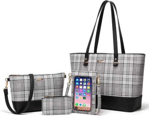 Miniatura 126 de Juego de 4 bolsas modernos para mujer de cuero sintético: bolso tote, bolso de hombro, bolso de mano y cartera.