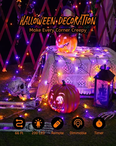 Miniatura 2 de Luces de Halloween moradas y naranjas de 66 pies para exteriores, 200 luces LED de Halloween con 8 modos, enchufable naranja morado colgante