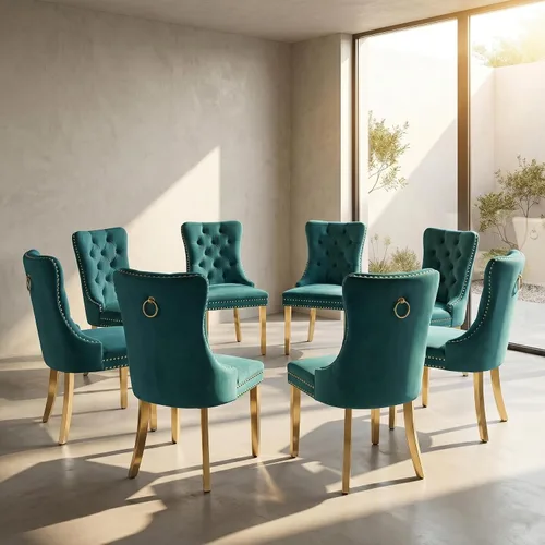 Miniatura 49 de Juego de 2 sillas de comedor de terciopelo, sillas de comedor copetudas de mediados de siglo con anillo trasero de cabeza de clavo, patas de metal
