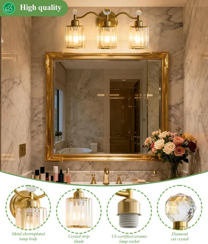 Miniatura 6 de Moderna lámpara de cristal para tocador de baño, 3 luces negras y doradas, lámparas de tocador sobre espejo, lámpara de pared de vidrio
