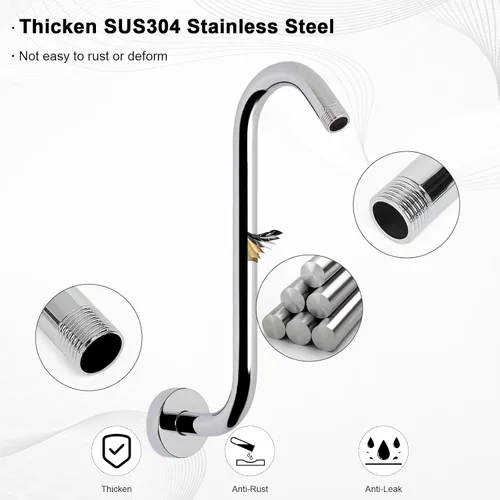 Miniatura 4 de Brazo de ducha en forma de S, tubo de extensión de cabezal de ducha de altura alta, conexión estándar de 1/2 pulgada con brida, impresionante