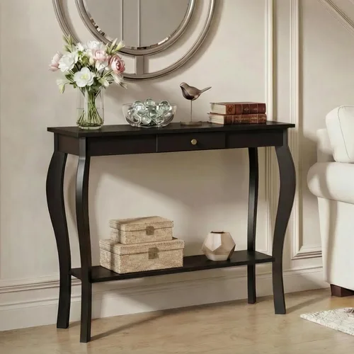 Miniatura 4 de ChooChoo Mesa consola estrecha con cajón, elegante mesa de sofá, mesa de entrada, color negro
