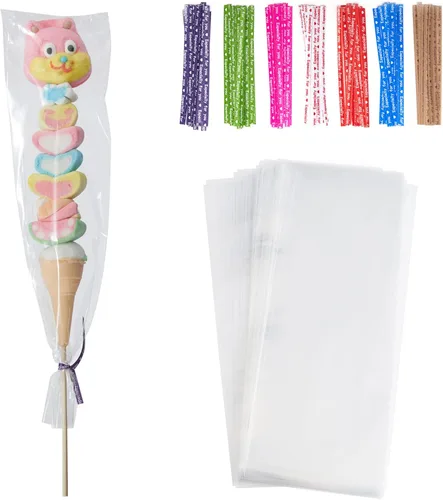 Tendwarm 100 bolsas de celofán largas transparentes de 3 x 11 pulgadas con 7 colores mezclados, lazos giratorios, perfectas para velas de