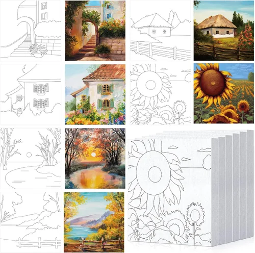 Miniatura 9 de Honoson Juego de 6 piezas de pintura de lienzo de contorno predibujado de 6 pulgadas con imágenes para adultos, juego de tableros de arte de lienzo