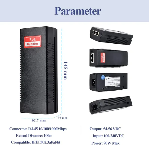 Miniatura 7 de Revotech Gigabit 90W PoE++ Inyector 54-56V Adaptador, 10/100/1000Base-T IEEE 802.3bt PoE POE Activo Estándar, Plug and Play para Puntos de Acceso