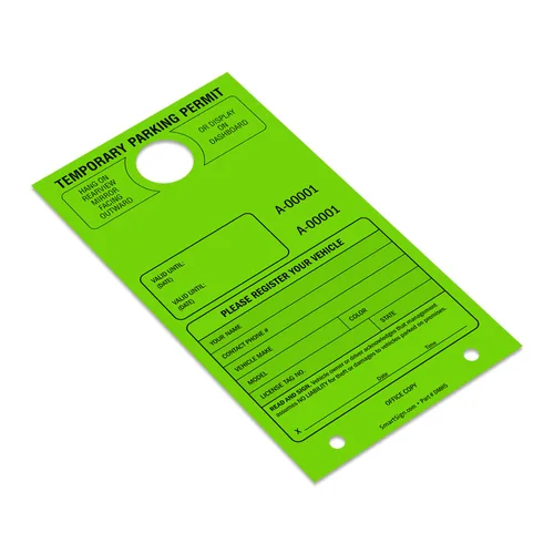 Miniatura 2 de SmartSign Etiqueta colgante de espejo "Permiso de estacionamiento temporal" Paquete de 50 Verde fluorescente Cartulina de 7.75 x 4.25 pulgadas