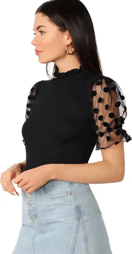 Miniatura 2 de OYOANGLE Blusa casual de verano de manga corta con encaje y cuello alto falso para mujer