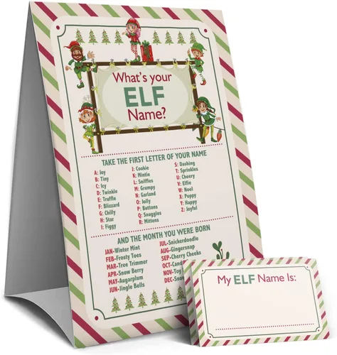 Letrero de juegos de Navidad: Juego de nombre de elfo, juegos de Navidad para familias, juegos de fiesta de Navidad, juegos de vacaciones (23 CB)