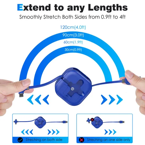 Miniatura 6 de Cable de Carga Múltiple de 4.5A, 4 Pies/Paquete de 2 Cargadores Múltiples para Todos los Dispositivos Cable Retráctil 3 en 1 para Automóvil Cable
