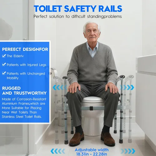 Miniatura 6 de Rieles de seguridad para inodoro para personas mayores, marco de seguridad plegable ajustable con asas acolchadas, riel de seguridad de baño