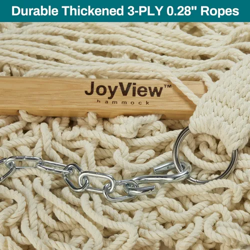 Miniatura 6 de JoyView Hamaca doble de cuerda tradicional, hamaca de algodón tejida a mano con barra separadora de madera dura y almohada, capacidad de 450 libras