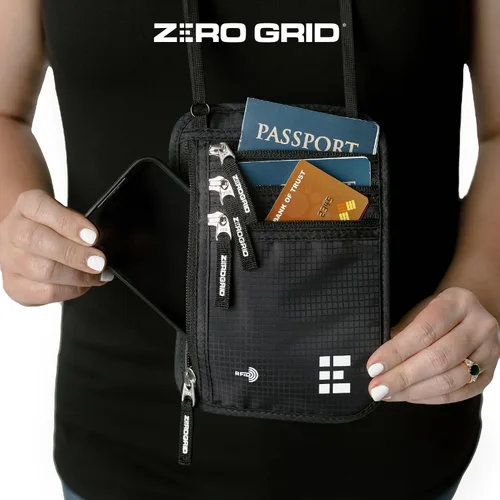 Miniatura 36 de Cartera para el cuello para viajes y pasaporte con bloqueo RFID, delgada y fácil de ocultar, bolsa de viaje de nailon para hombres y mujeres