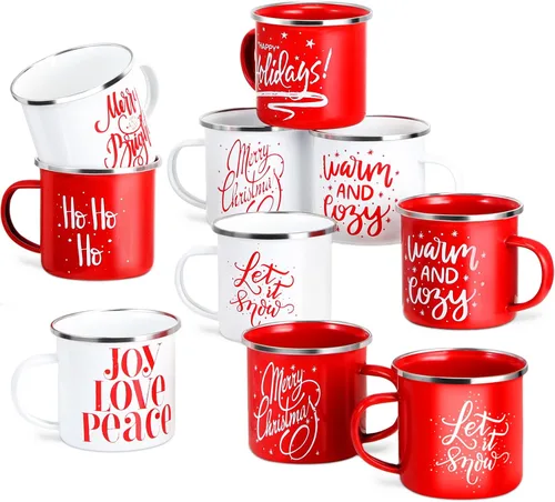 Miniatura 7 de Uiifan 10 Piezas Tazas de Esmalte de Navidad a Granel Lindas de 12 oz Acero Galvanizado Festivas Divertidas Novedosas Taza de Café Feliz Navidad